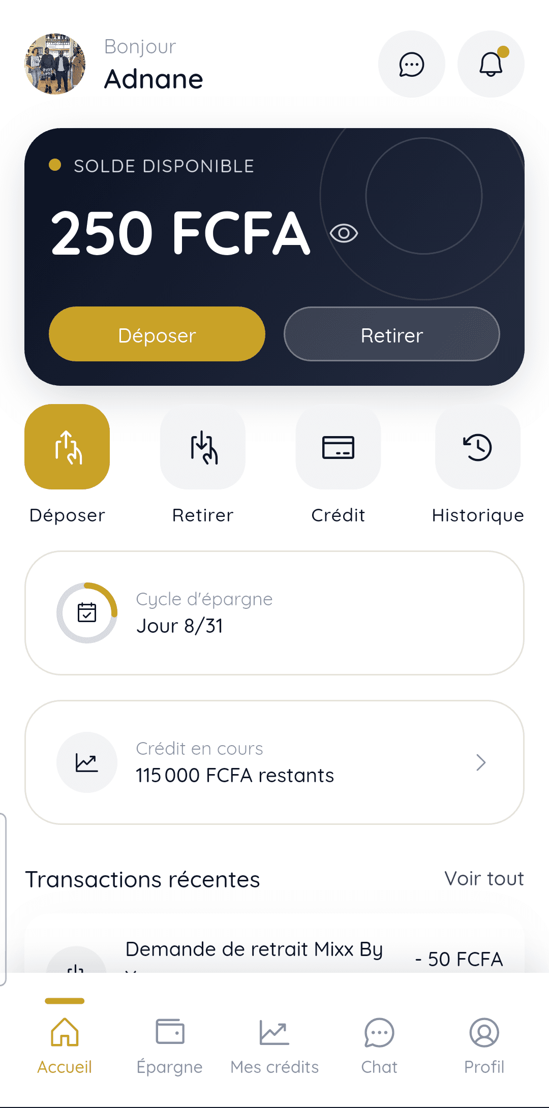 Tableau de bord VIAFINANCE : solde disponible, cycle d'épargne, crédit en cours